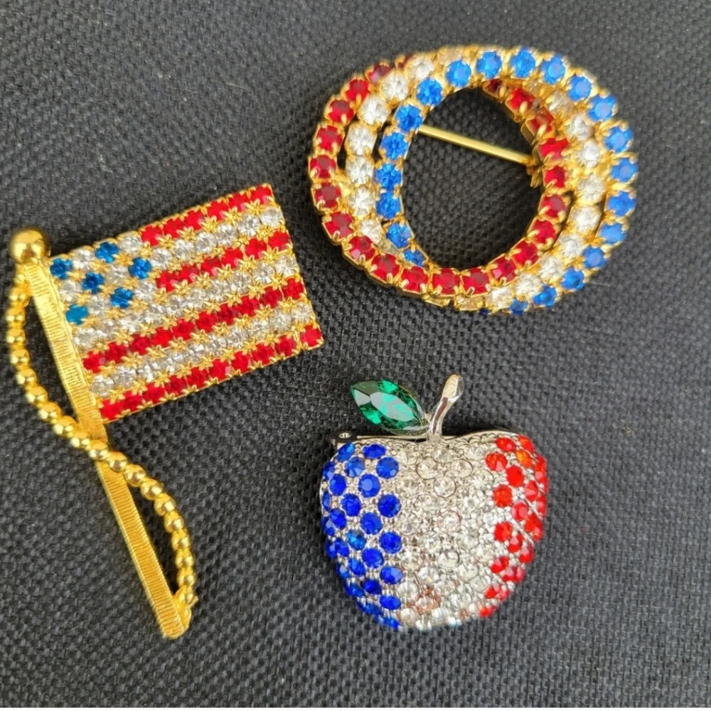 Patriotic Brooch Trio ~ Red, White & Blue ~ Flag, Apple, Circles ~ July 4th ~ US